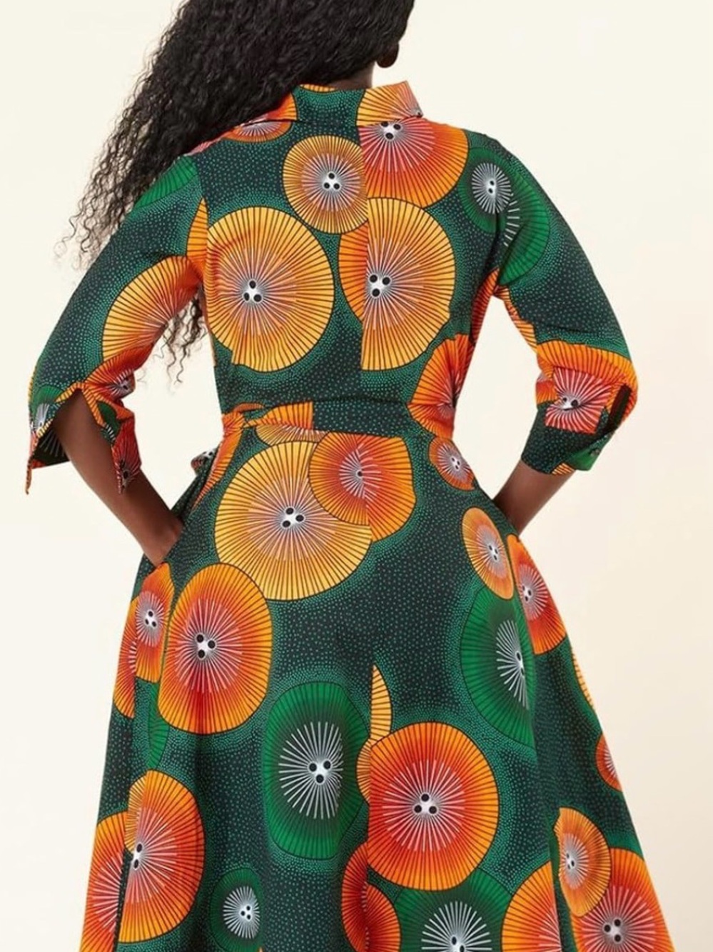 Green & Orange Midi Shirt Dress with Tie Waist - Picture 3 of 4